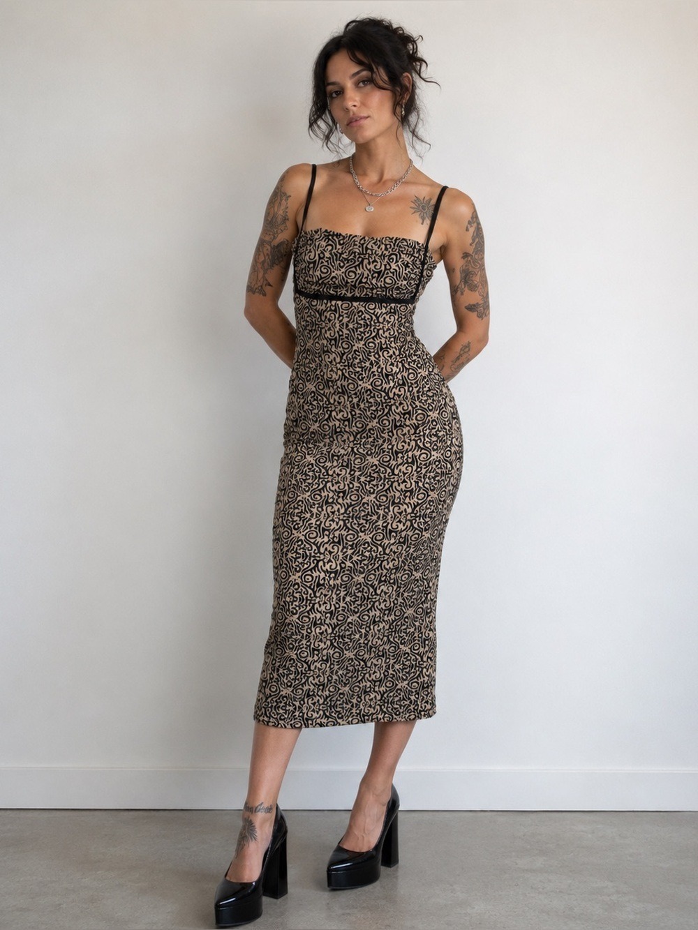 𝅺VINTAGE 90s bustier midi dress XS tattoo print mesh dress Fits XS Small